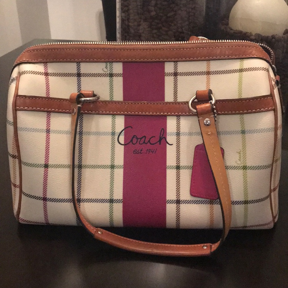 Coach plaid pink heritage satchel
